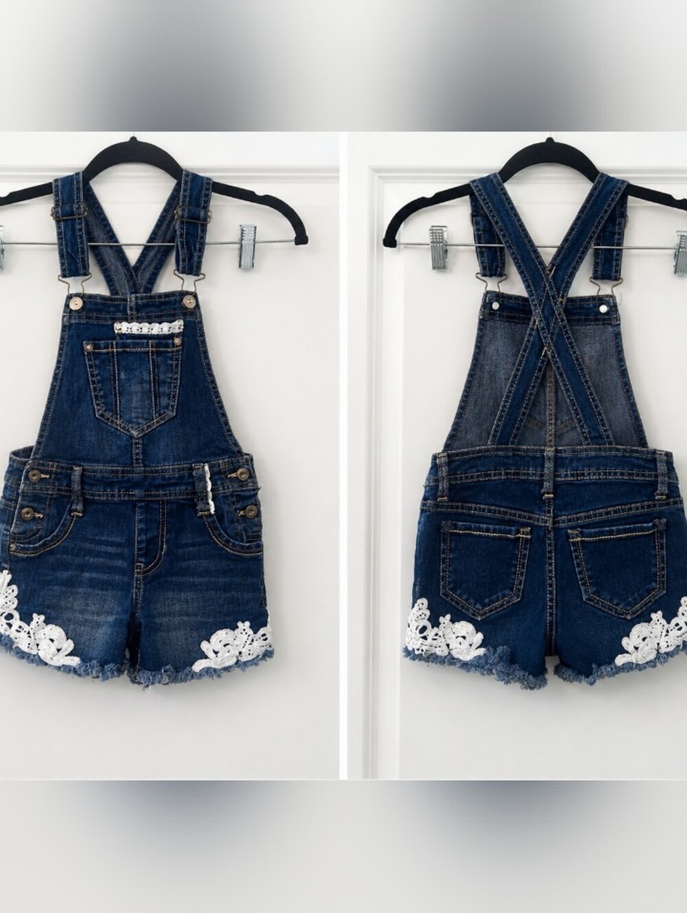 Kids/Girls Dark Blue Denim Short Overalls with White Floral Appliqué Size 6X